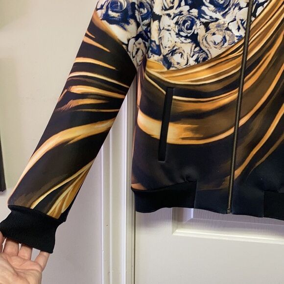 Clover Canyon Neoprene Black Gold Floral Geometric Bomber Jacket Size Small - Picture 4 of 9
